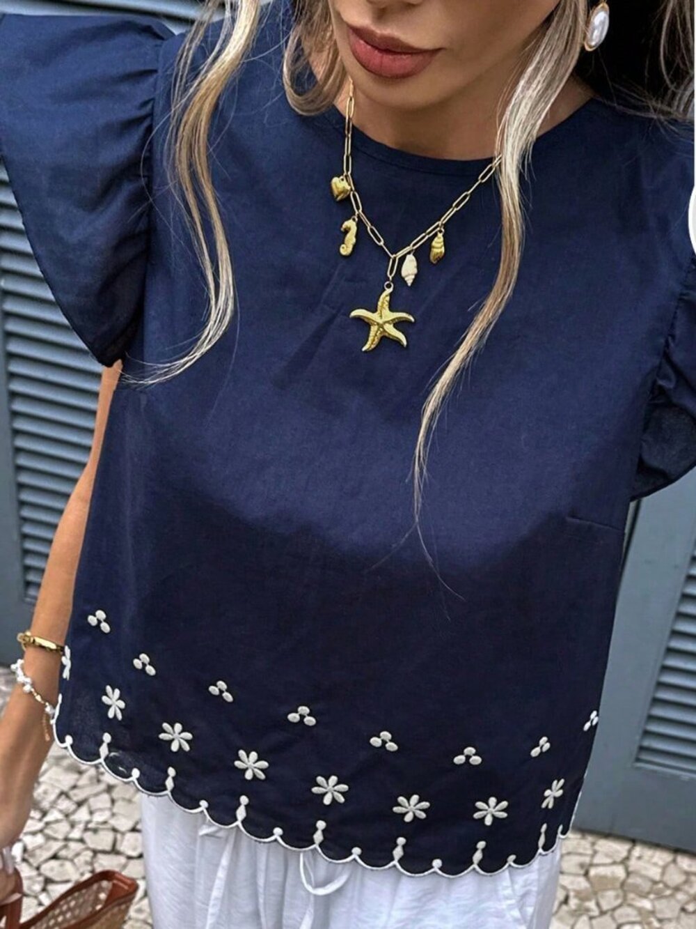 Multicolor Casual Women's Floral Embroidered Ruffle Hem Boho Sleeve Blouse - Picture 3 of 7